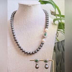 Elegant Gray Pearl Necklace and Earring Set with Green Accents